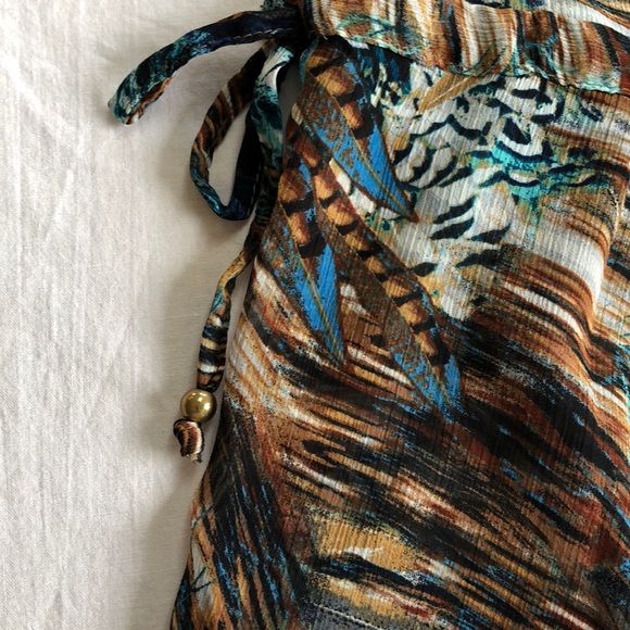 Swimsuit cover, teal peacock feathers. Drawstring at waist. Size Medium. - Picture 5 of 7